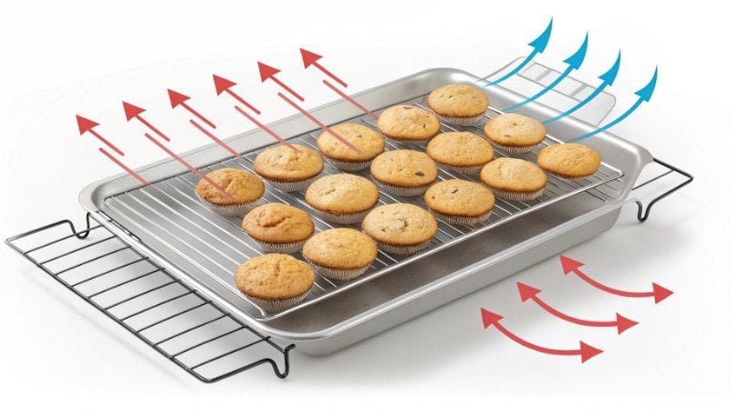 A diagram showing airflow around food on a correctly sized wire rack